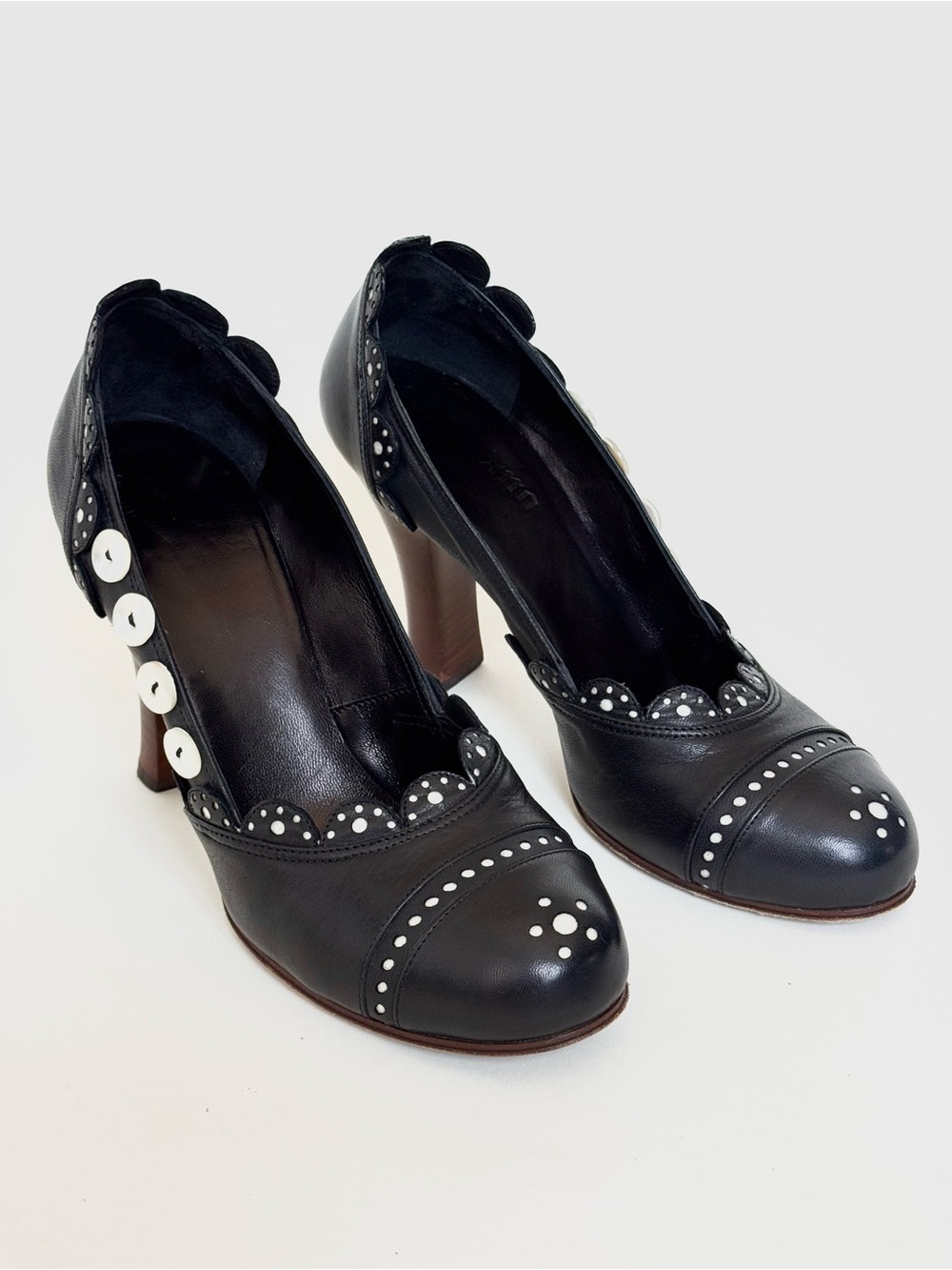 Vintage John Galliano Black Leather Scalloped Heels with Button Accents - Italy